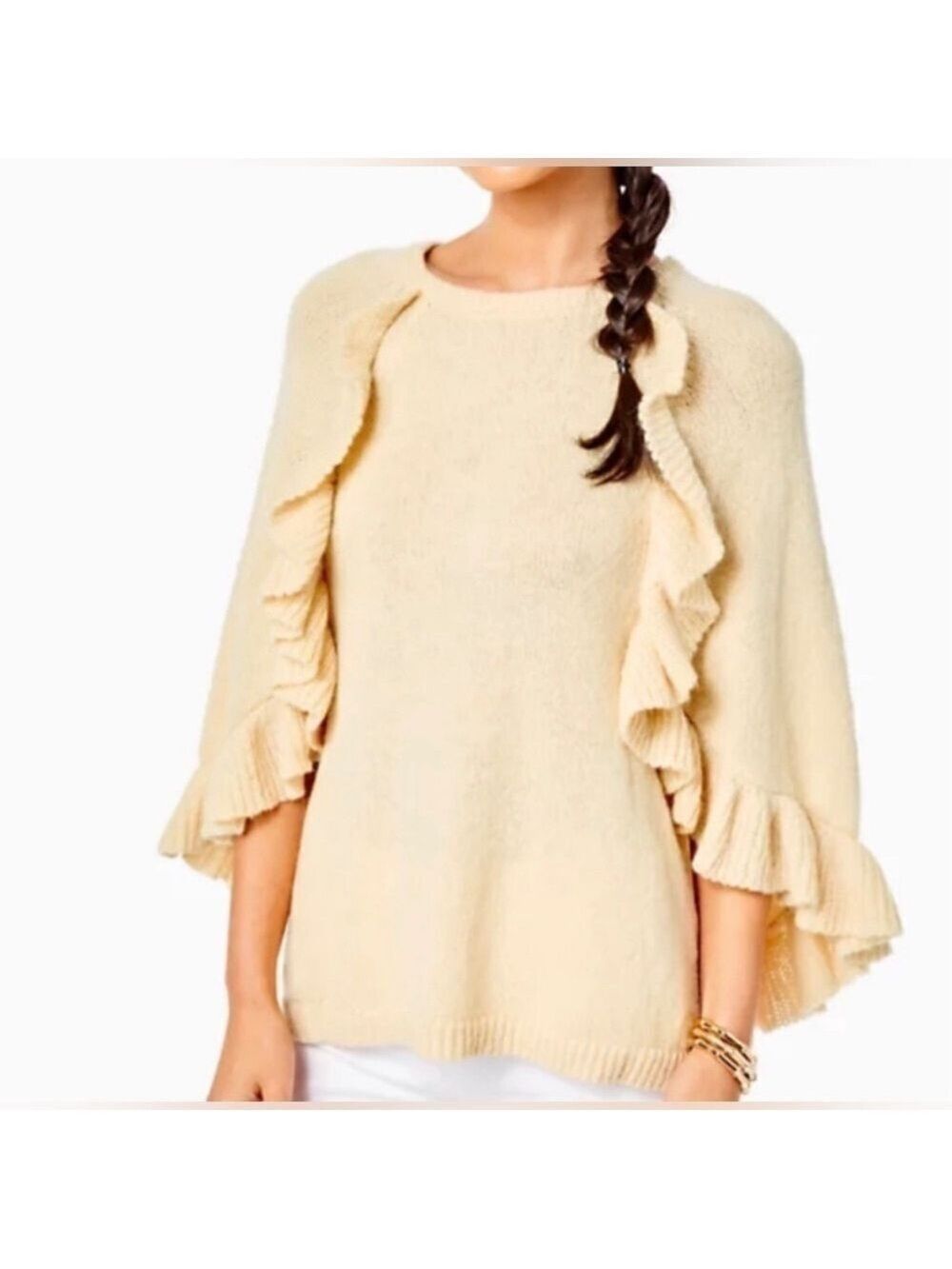 Lilly Pulitzer Corabella Sand Bar Gold Beige BoHo Poncho Cape Ruffle Trim L